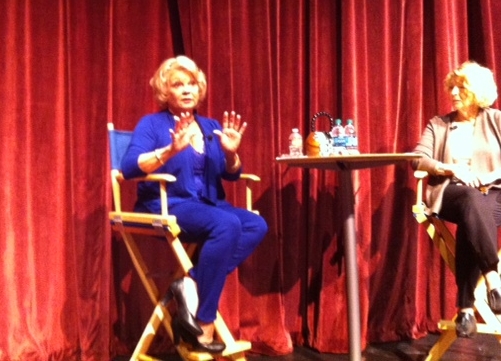 Kathy speaking to the graduate students for a theater/film forum on one of the stages in the wonderful BYU arts building. Shown with Ann Sward-hansen