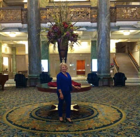 Kathy at the Joseph Smith memorial building before attending and being introduced at the Mormon Tabernacle Choir's rehearsal