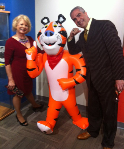 Kathy with Paul Lisnek, erudite raconteur, TV host for politic analysis for WGN and Comcast and Tony the Tiger