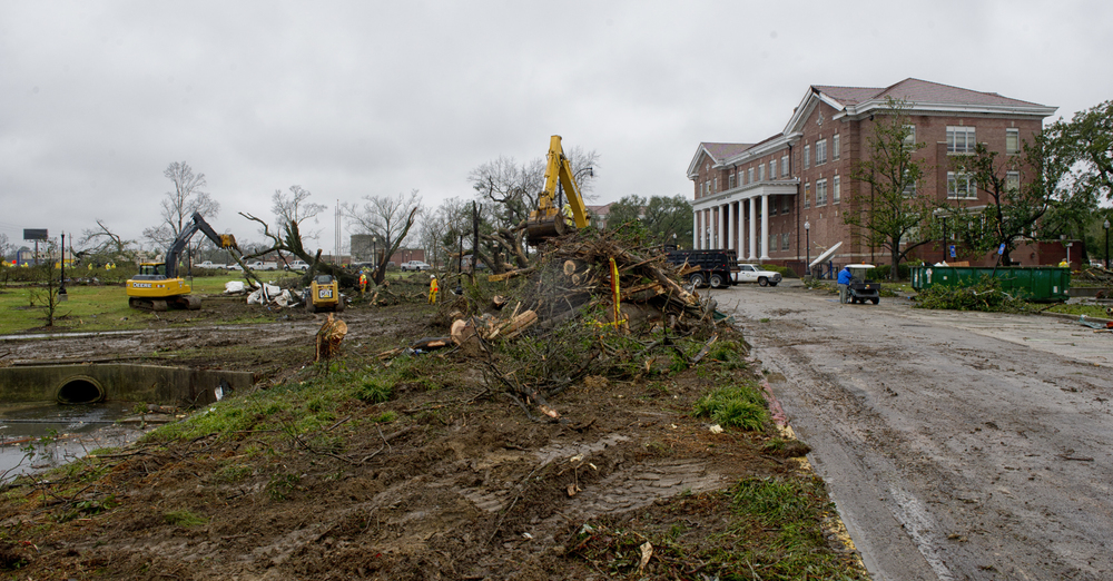 Tornado damage to the front lawn of Southern Hall, The University of Southern Mississippi. February 11, 2013, Hattiesburg, Miss.