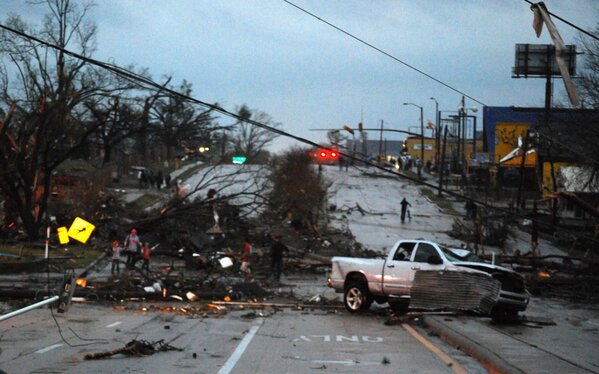 Hardy Street in front of the University of Southern Mississippi campus obstructed by debris from the tornado. February 10, 2013, Hattiesburg, Miss.