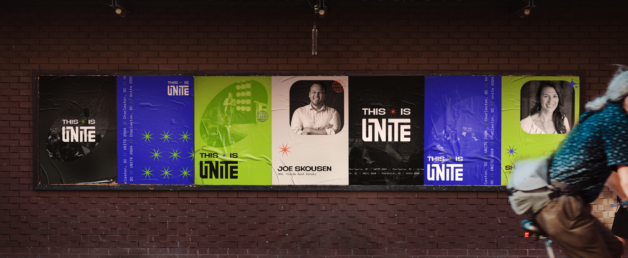 A horizontal banner on a brick wall with the theme 'This is UNITE.' It features images of two people and text promoting an event in Charleston, SC, with vibrant colors and modern graphics.