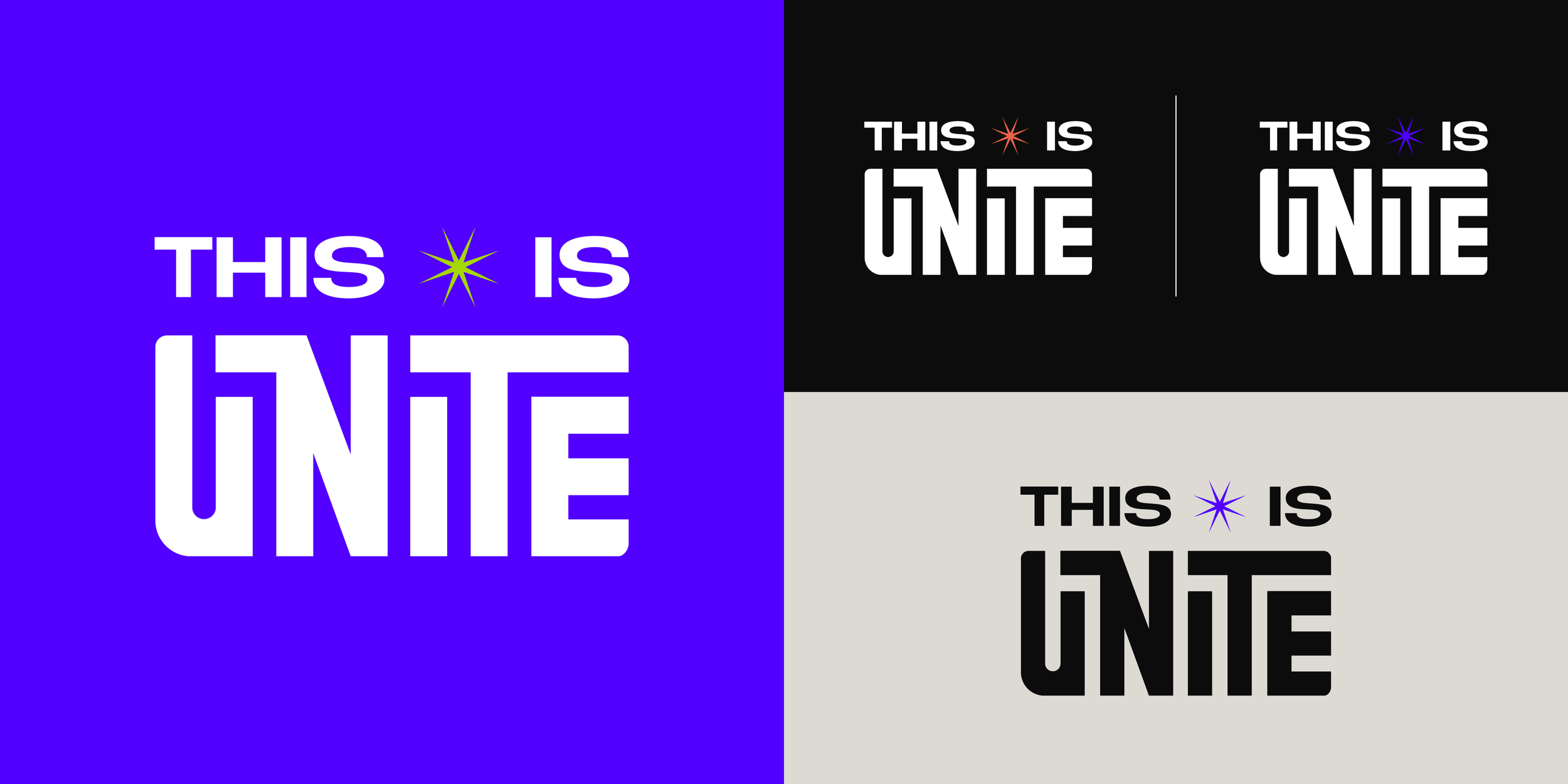 Four different color schemes of the phrase 'This star is one' with a star symbol replacing the word 'star' and the word 'one' written vertically.