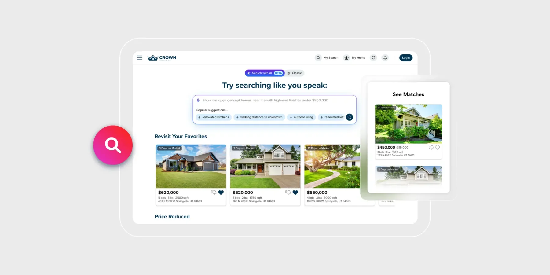 Screenshot of a real estate website featuring search options for homes, with listings of houses and prices, and highlighted matches for properties.