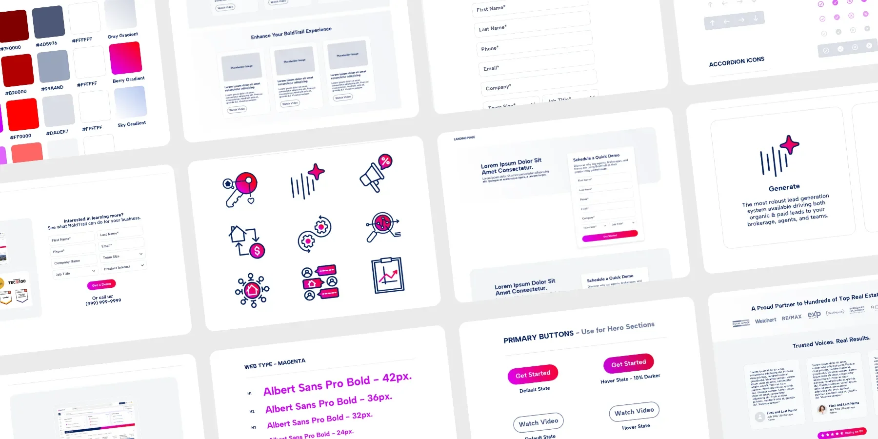 A collage of multiple digital design templates and graphic icons, featuring user interface elements, forms, buttons, and colorful vector icons.