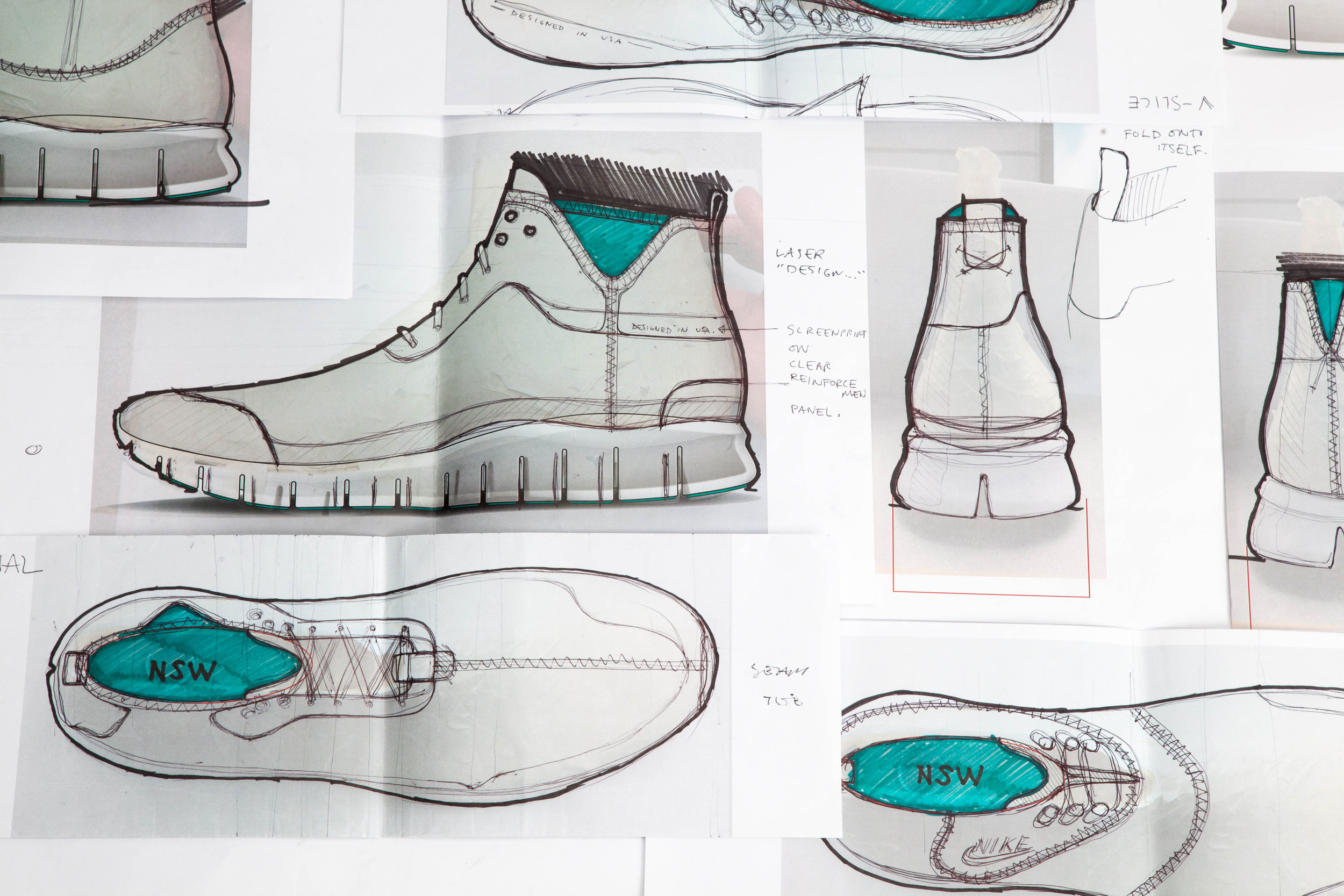 I took photos of a taped-up last and sketched directly over it to translate doodles to designs with authentic proportion. These sketches led to three design options.