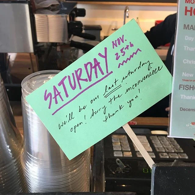 This SATURDAY (11/25) will be our last Saturday for our Coffee Bar at fishcake. We’ll be open for special events on some Saturdays, but not regularly. Coffee Bar hours will be Mon-Fri 8am-3pm. Thank you for your understanding!