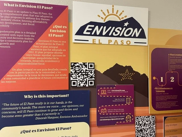 Informational poster explaining what Envision El Paso is, including sections in English and Spanish, a QR code, and graphics about community planning and development.