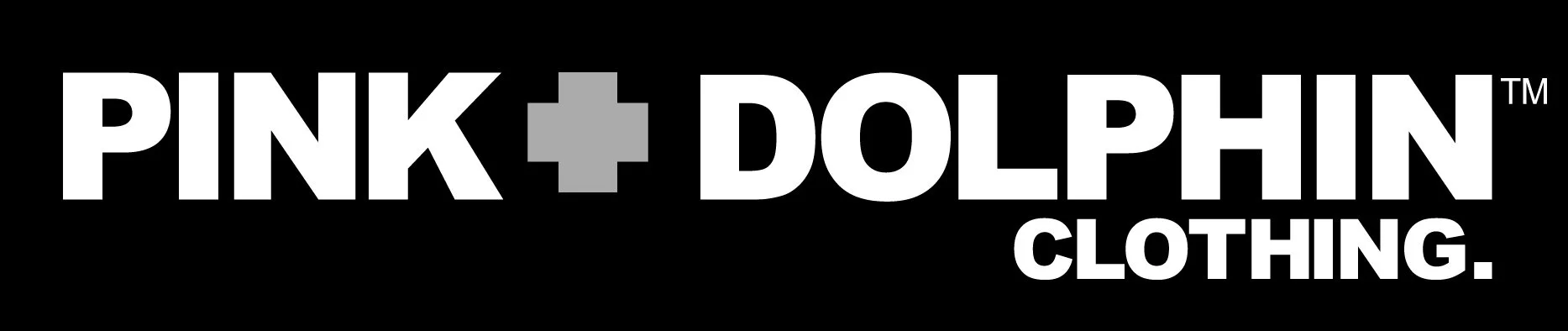Pink + Dolphin Clothing logo with black background, white text, and a gray plus sign.