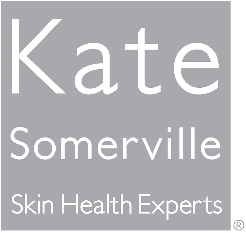 Logo with the name Kate Somerville and the tagline Skin Health Experts on a gray background.