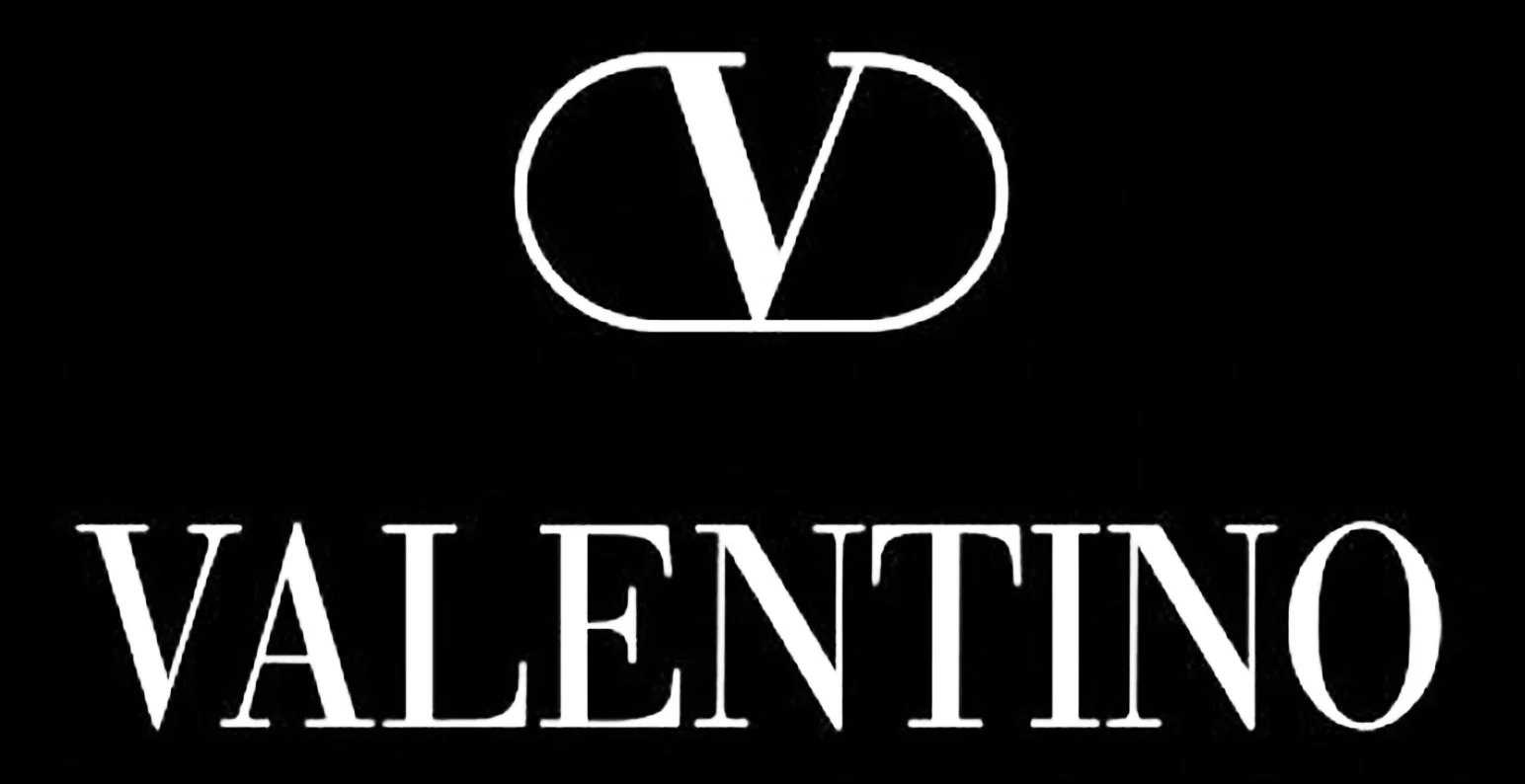 The Valentino logo with a stylized 'V' inside a circle above the word 'Valentino' in white text on a black background.