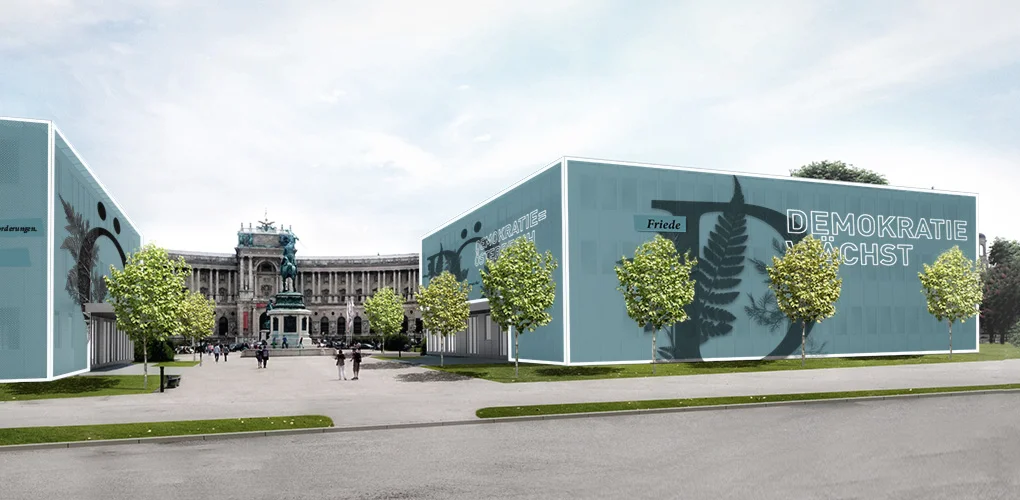 Ansicht temporäre Pavillons aus Sicht des Volksgartens