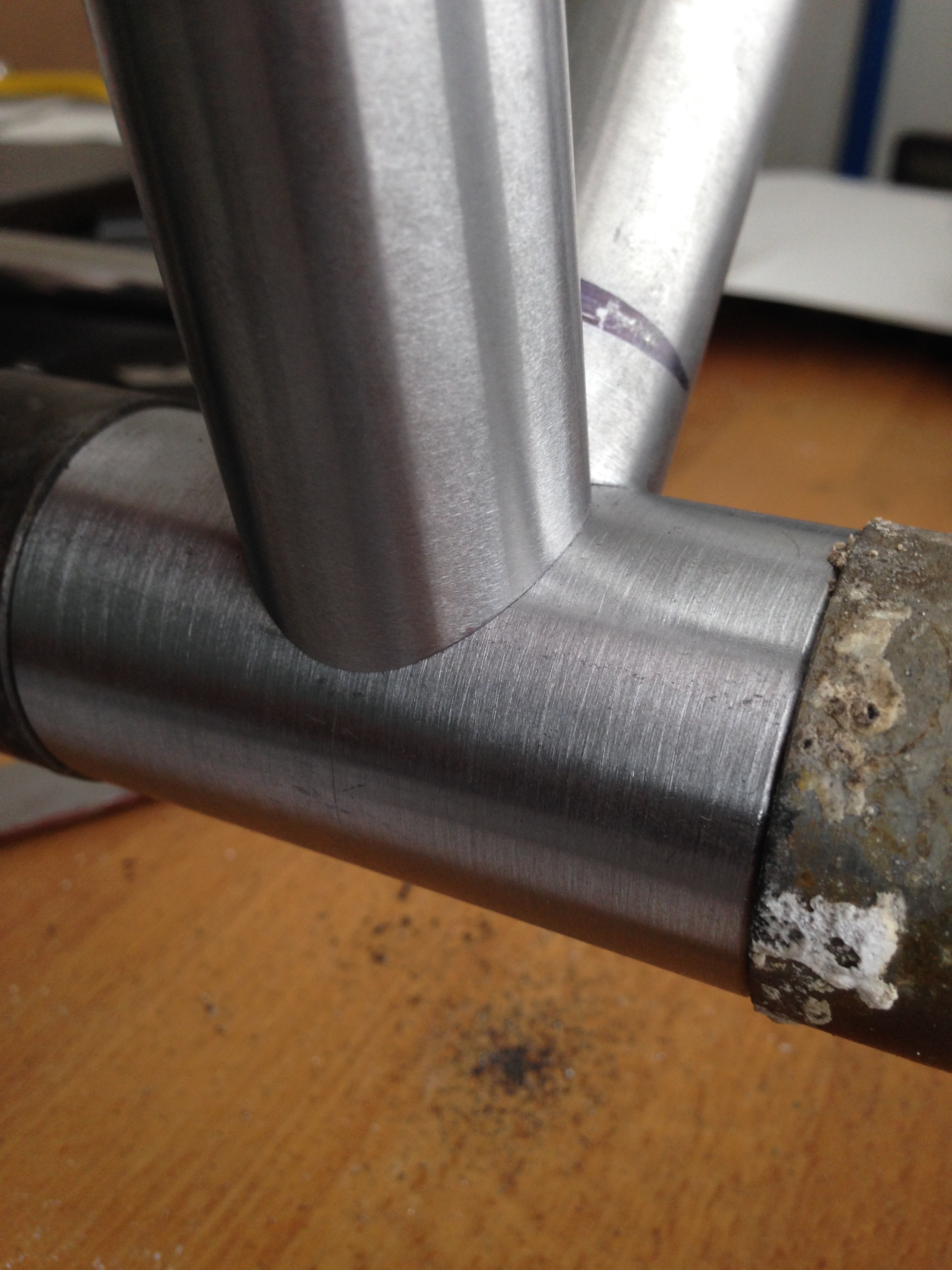 Hand filed downtube to bottom bracket mitre