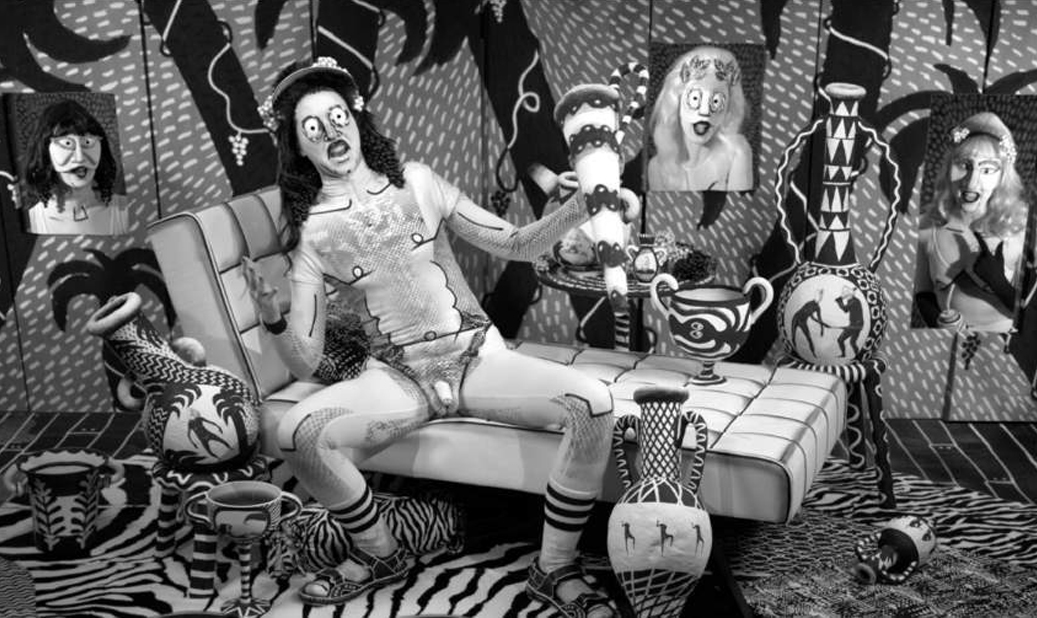 Mary Reid Kelley, "The Thong of Dionysus," 2015. HD video, black-and- white, sound; 9 minutes, 27 seconds. Courtesy of the artist, Susanne Vielmetter Los Angeles Projects and Fredericks & Freiser Gallery, New York