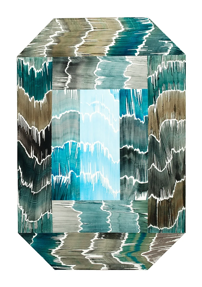   Log Cabin , 2015. Ink, gouache on shaped canvas, 36 by 54 inches (outside dimensions).&nbsp; 