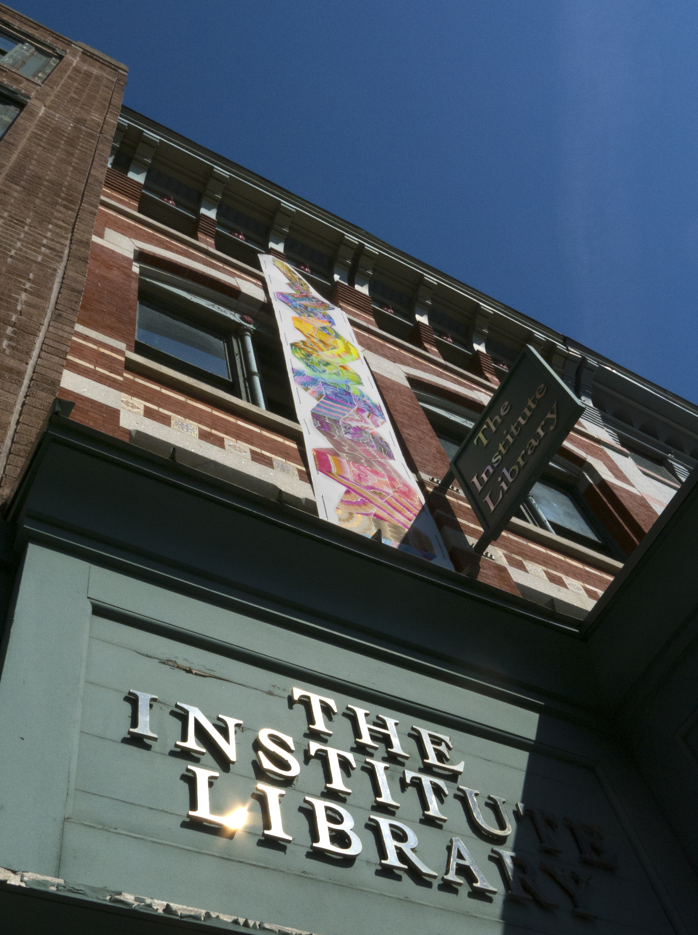 March 6, 2017: A view of Scroll I on the day it was installed on the facade of the Institute Library in New Haven, CT. 