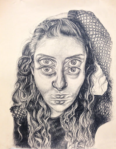  Adina Cosden,  Self-Portrait Series , Charcoal on paper, 18 x 24 inches (left) and 22 x 30 inches (right). New Hampshire Institute of Art, BFA Foundations, Spring 2015, FND112-D: Compositional Drawing.  