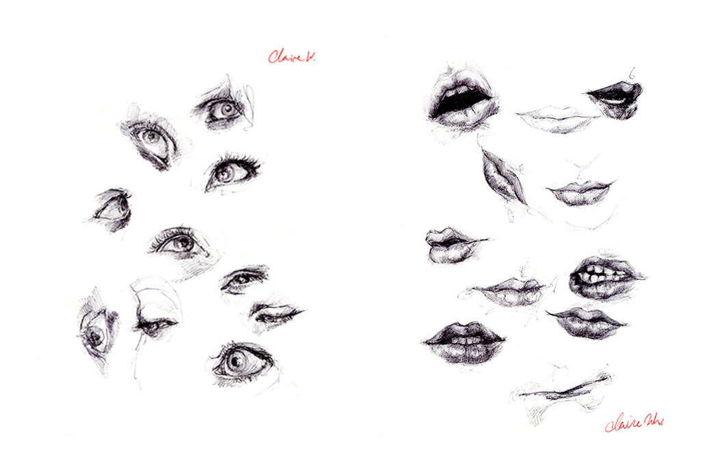  Claire Whall,  Feature Studies: Eyes and Mouths , Ink on paper, sketchbook pages, 11 x 14 inches (each). New Hampshire Institute of Art, BFA Foundations, Spring 2015, FND112-D: Compositional Drawing.  