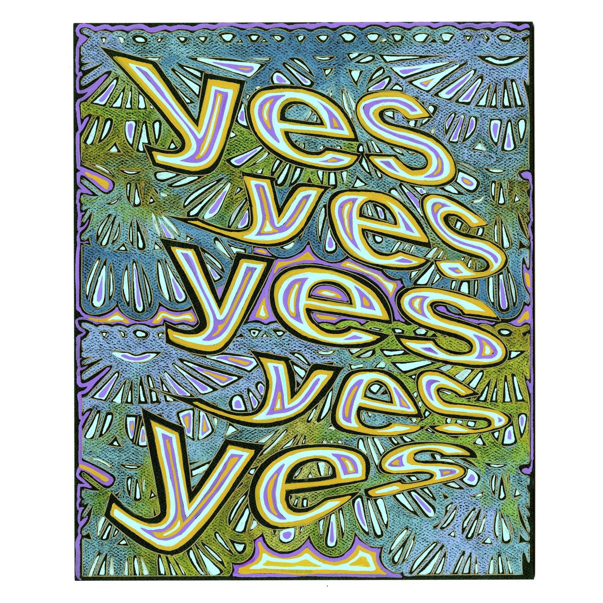   yes yes yes yes yes  (2022); colored pencil and gouache on paper, 9 by 11 inches.  