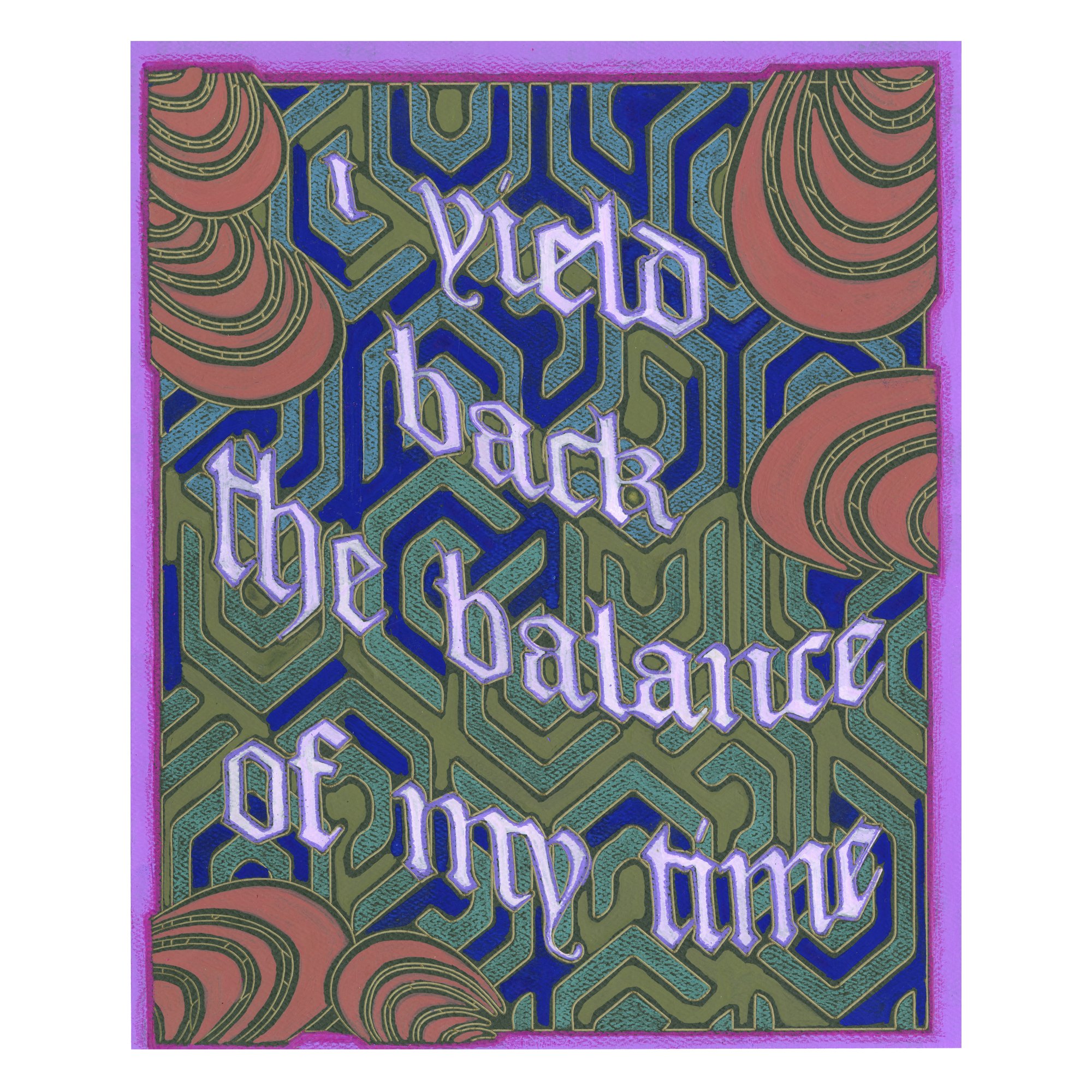   i yield back the balance of my time  (2022); gouache  and colored pencil on laser-etched paper, 9 by 11 inches.  