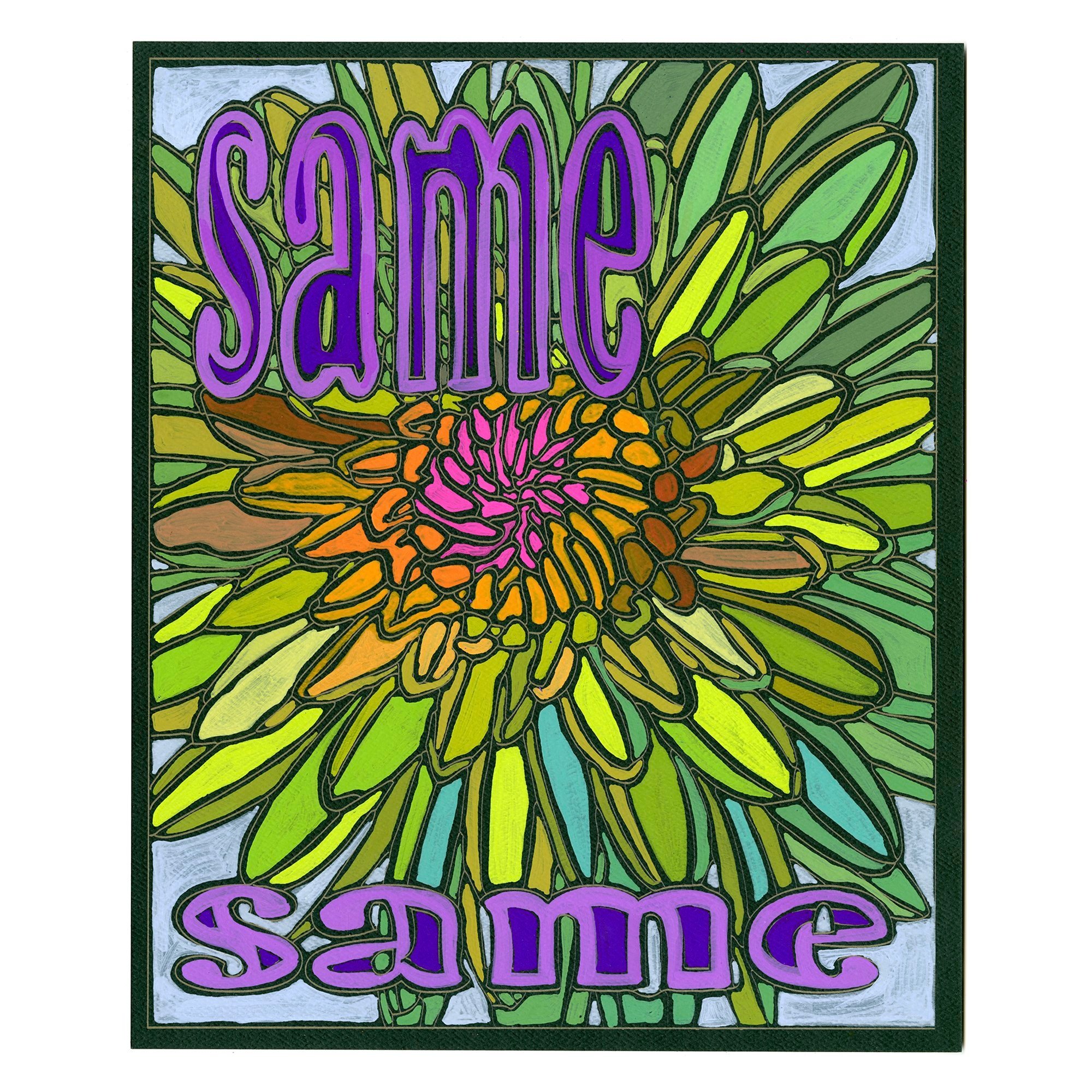   same same  (2022); gouache on laser-etched paper, 9 by 11 inches.  