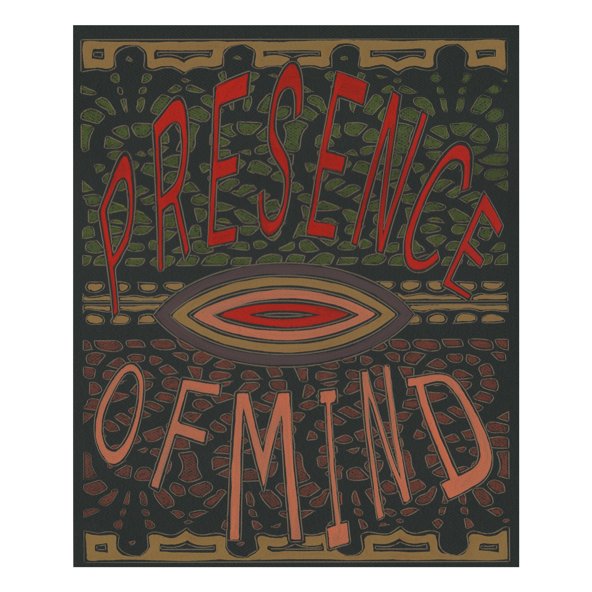   presence of mind   (2022); gouache and colored pencil on laser-etched paper, 9 by 11 inches.  