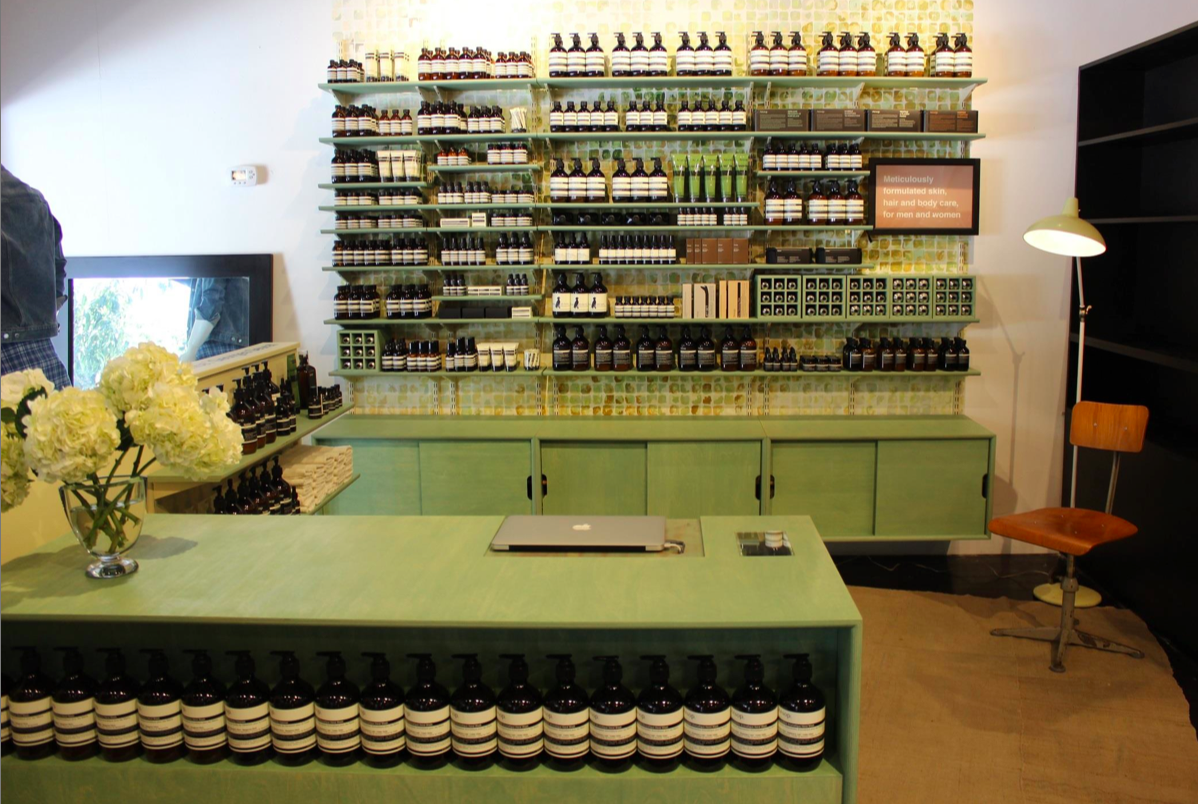  Designed in collaboration with the Aesop in-house team. Rest Energy was responsible for all millwork/fabrication including the POS, custom wall shelving, and wall treatment. 