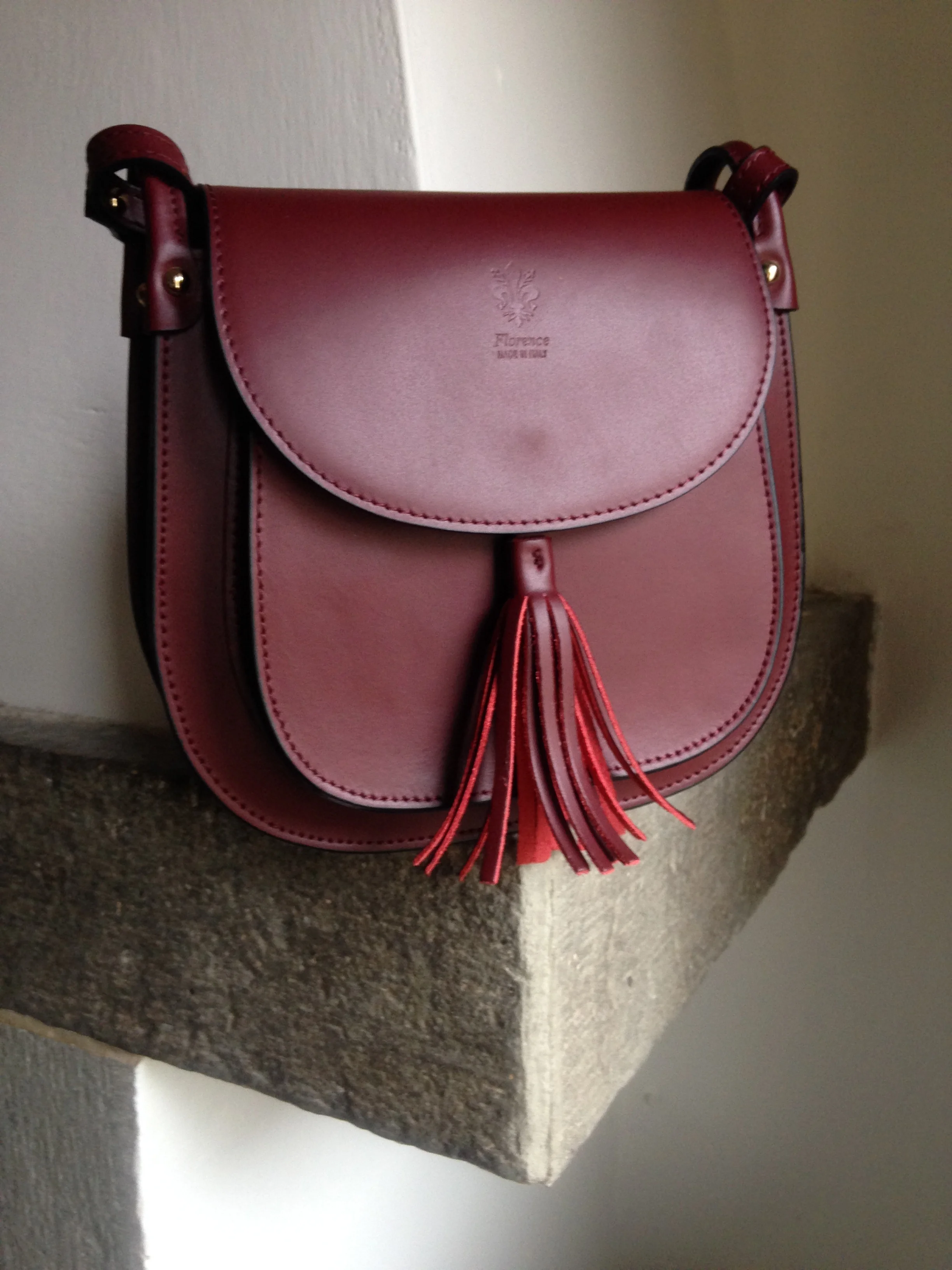Bordeaux Italian Leather Crossbody Saddle Bag Made In Florence, Italy