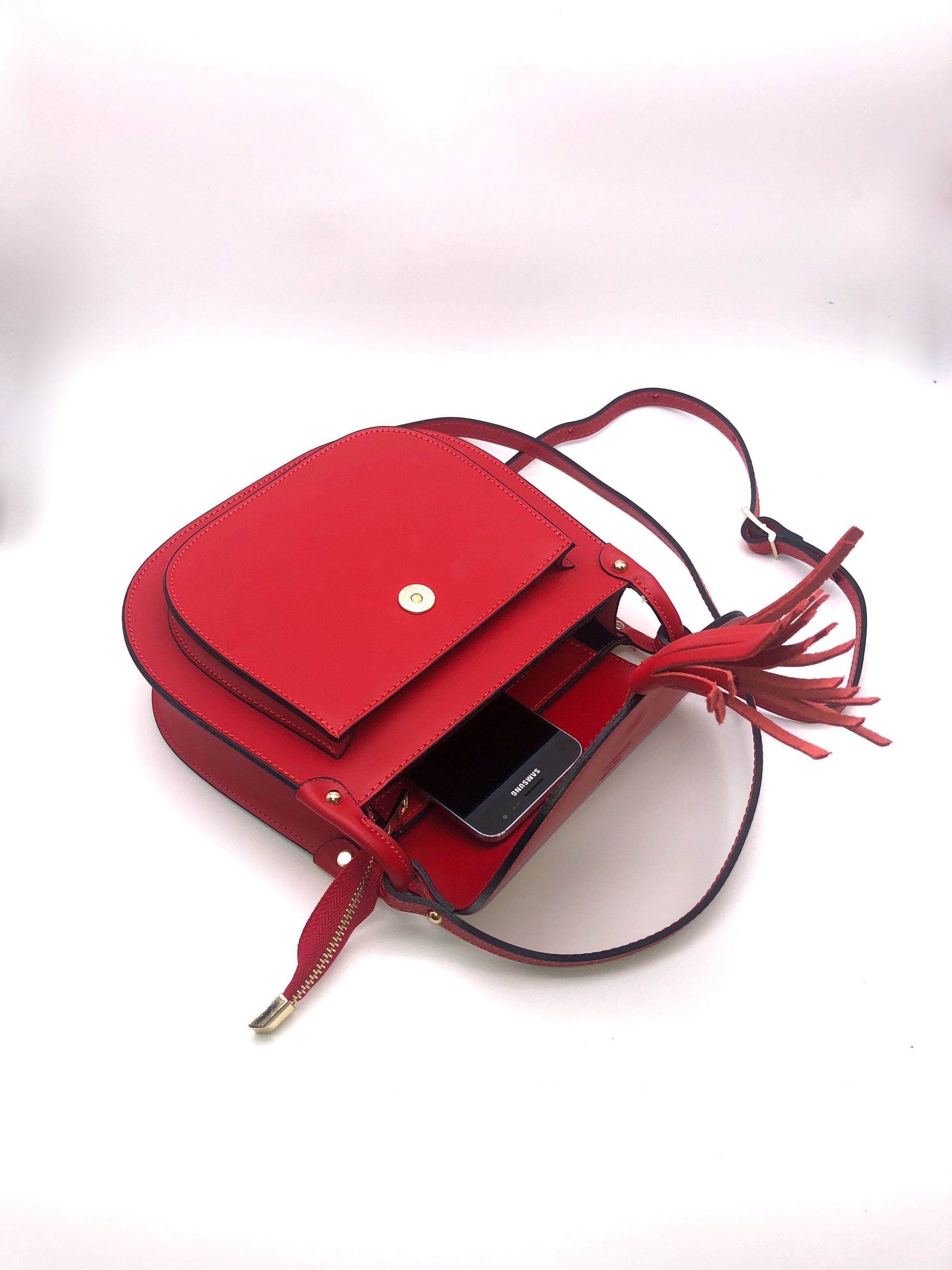 Red Leather Crossbody Saddle Bag