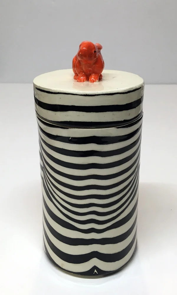 Rabbit (orange) op art lidded pot.jpg