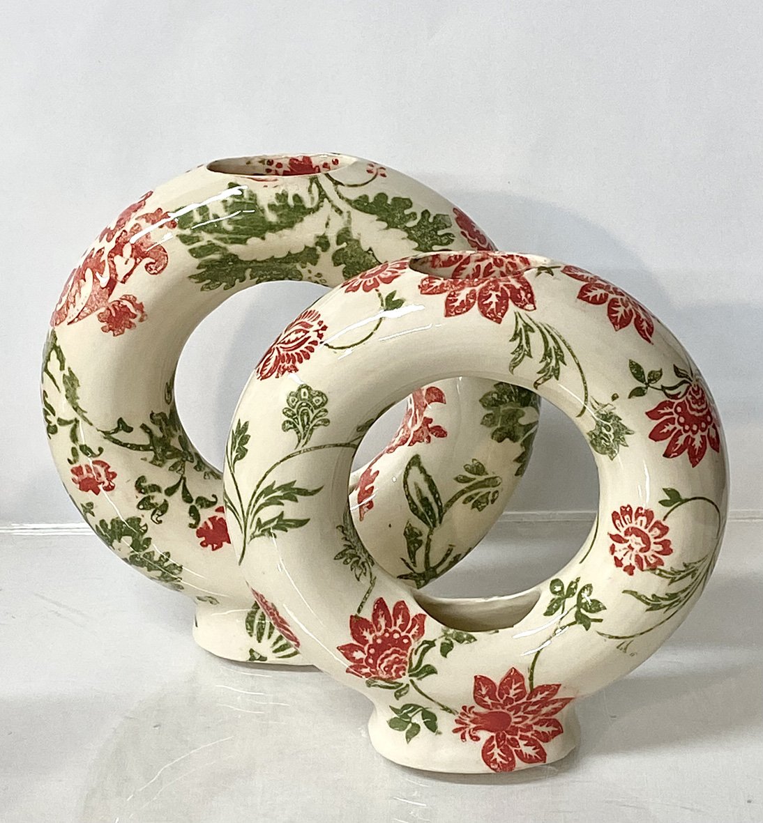red and green ring vessel - screen printed - inspired by antique fabric