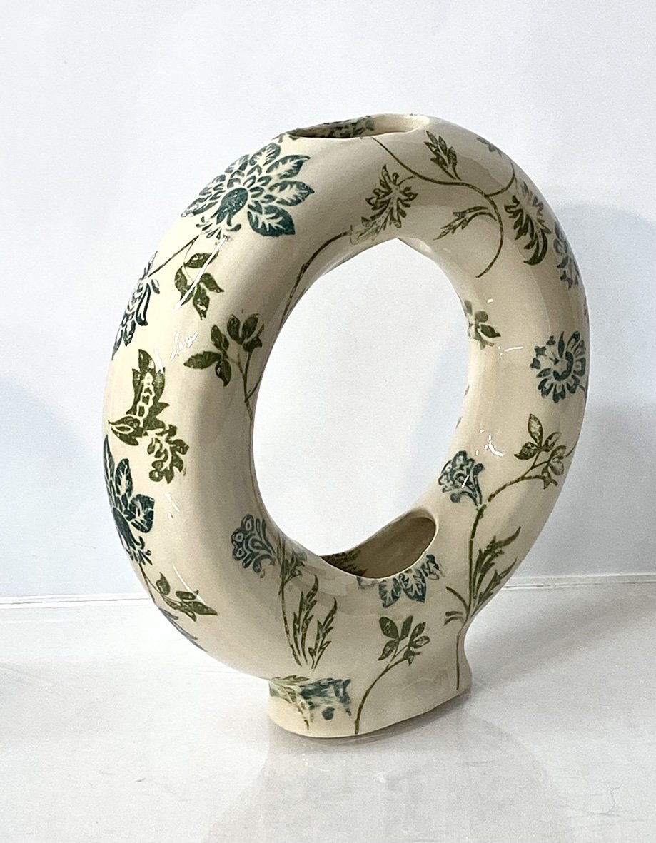 Blue green ring vessel - screen printed - inspired by antique fabric