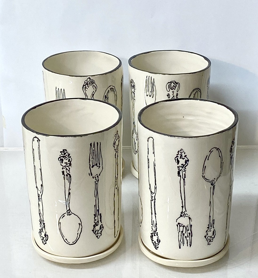 Cutlery washing up pot with drip dish - hand painted
