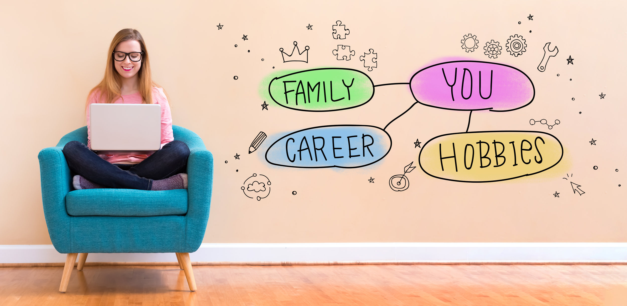 Life balance concept with young woman using her laptop in a chair