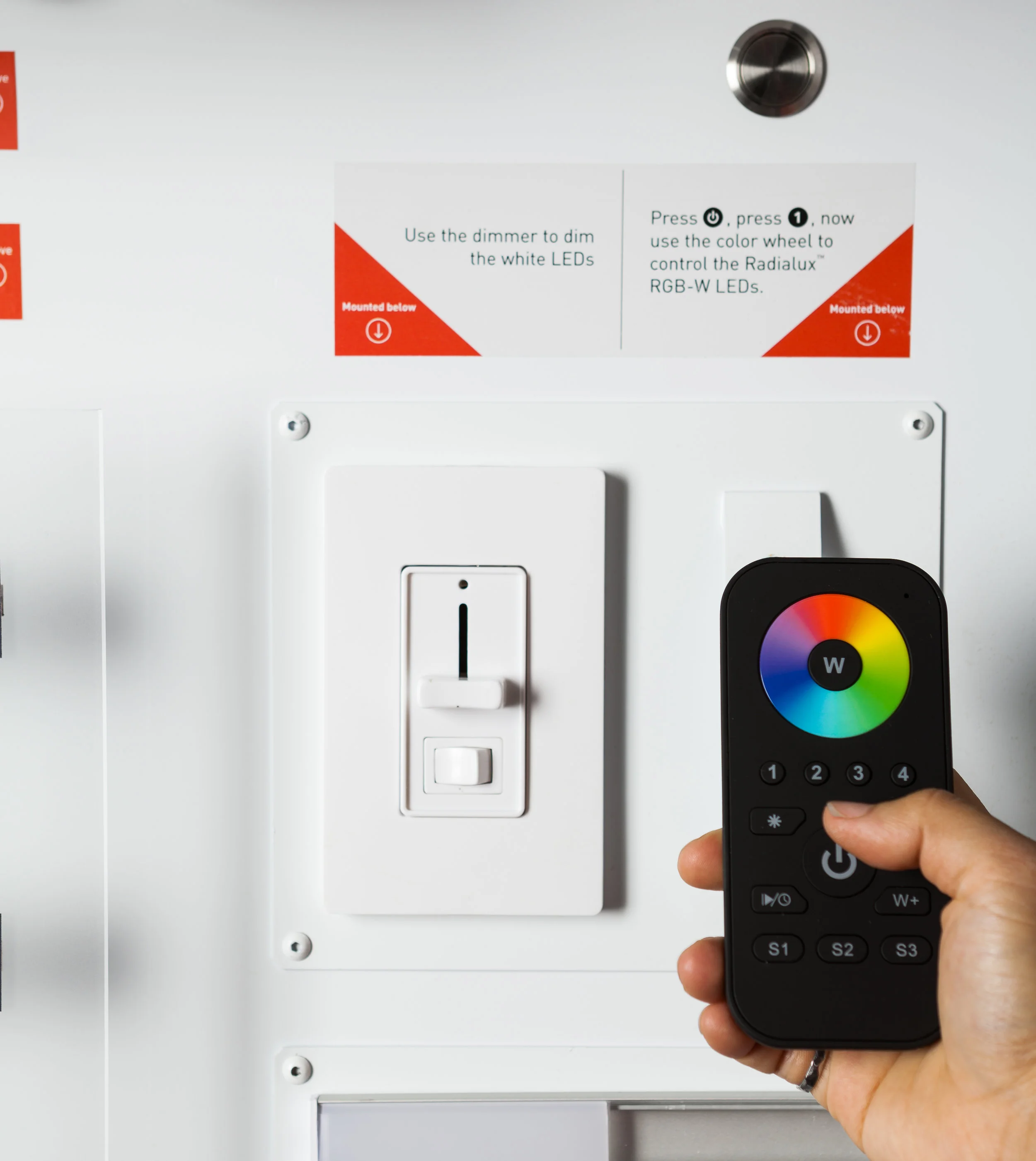 Remote is presented on an easel that draws in the user to experiment with control of the RGBW LEDs.