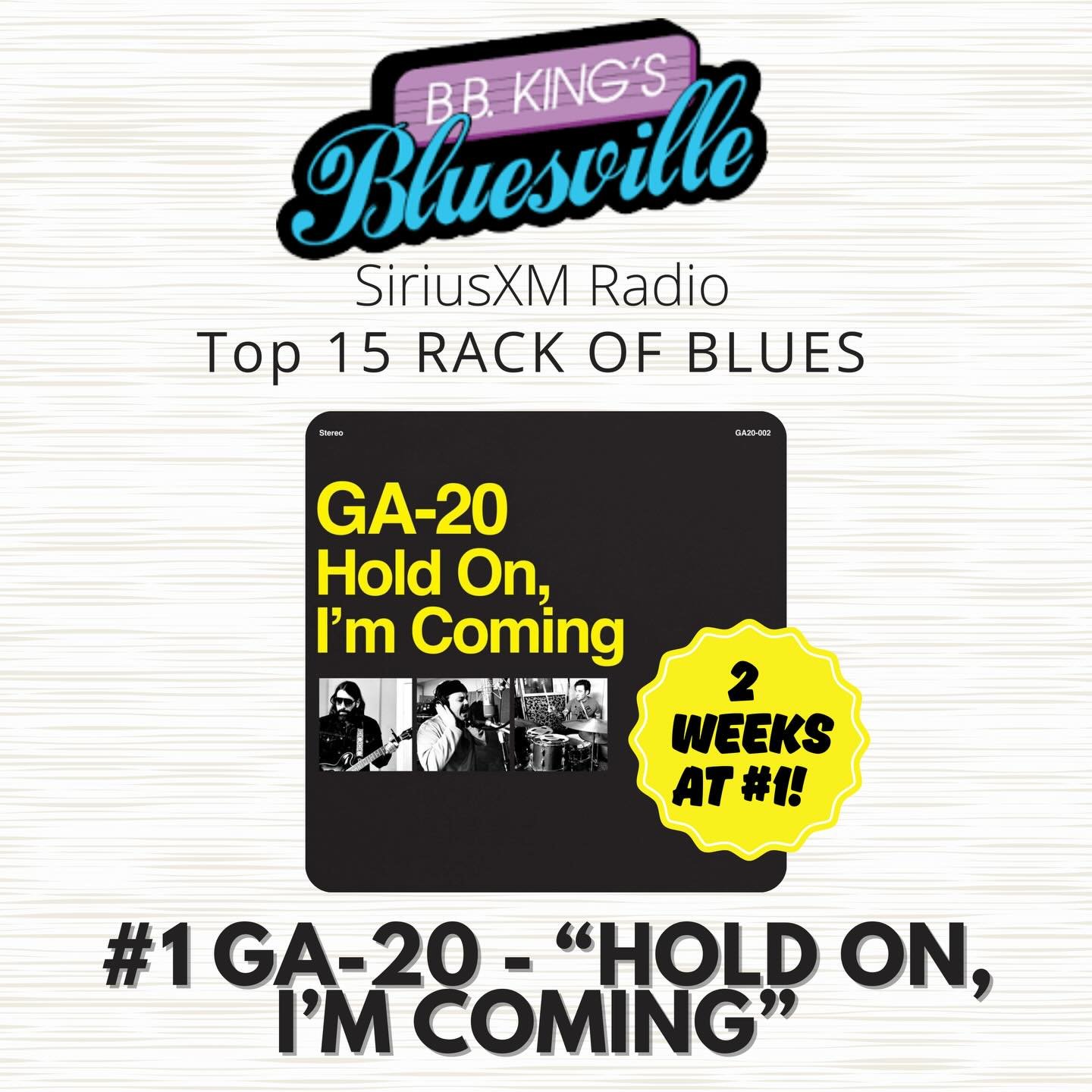 Woot!! @ga20band sittin&rsquo; pretty at #1 for the second week in a row on Siriusxm Bluesville!!! These guys are bad-a**! Get out and see them live and pre-order their new record ORPHANS coming out December 5! ￼🙌🏼👇🏼