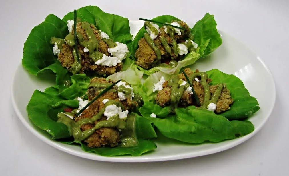 Bacon Crusted Oyster Lettuce Cups (Bibb lettuce, goat cheese, pickled radish, Green Goddess dressing)