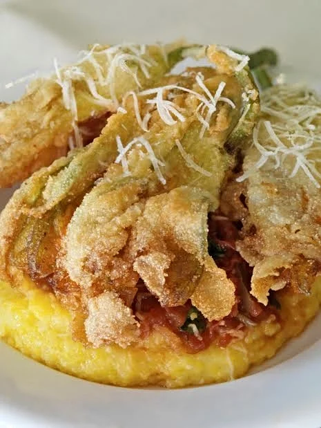 Zucchini Flowers, pancetta, polenta and roasted tomato
