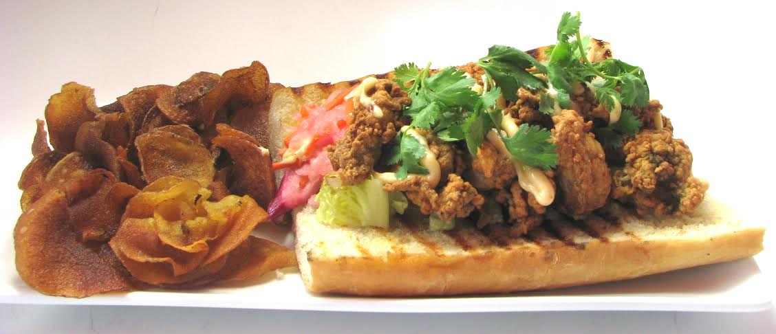 From Legal Test Kitchen (225 Northern Avenue, Boston) Fried Oyster Bahn Mi - pickled vegetables, chipotle aioli ($14.95)