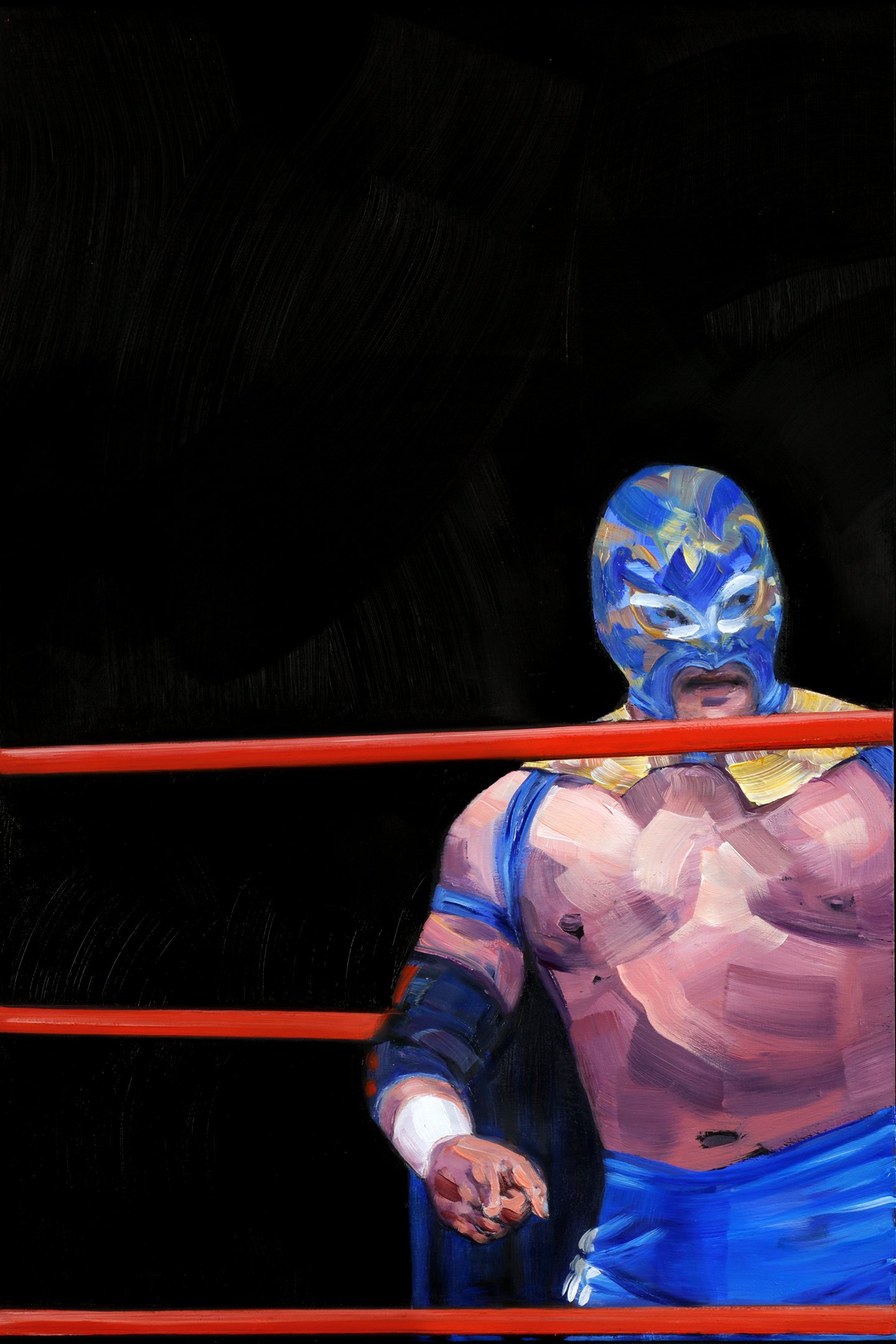   Blue Luchador,  oil on panel, 18 × 12 inches, 2026 