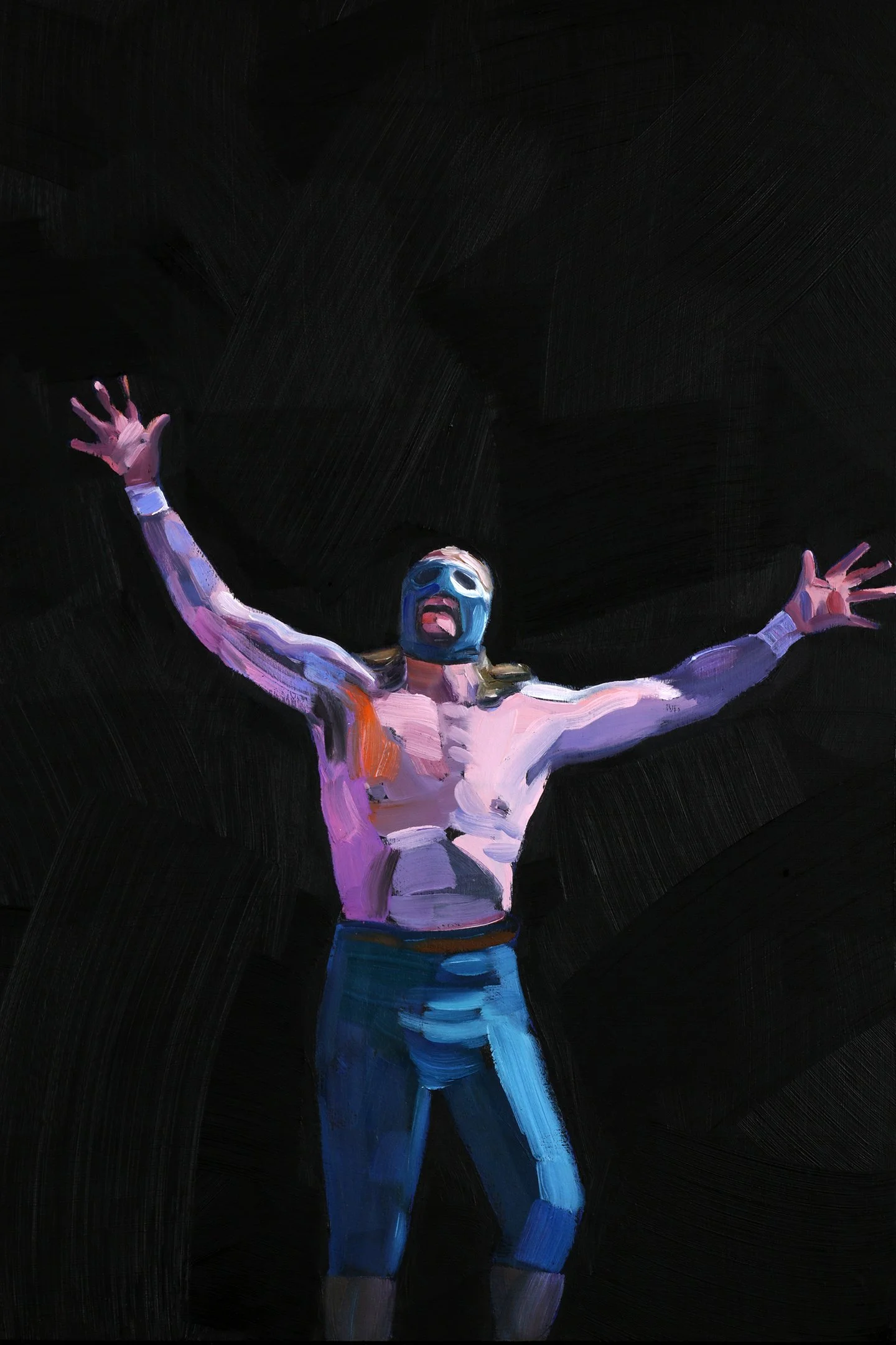   Luchador Triumphant , oil on panel, 18 × 12 inches, 2026 