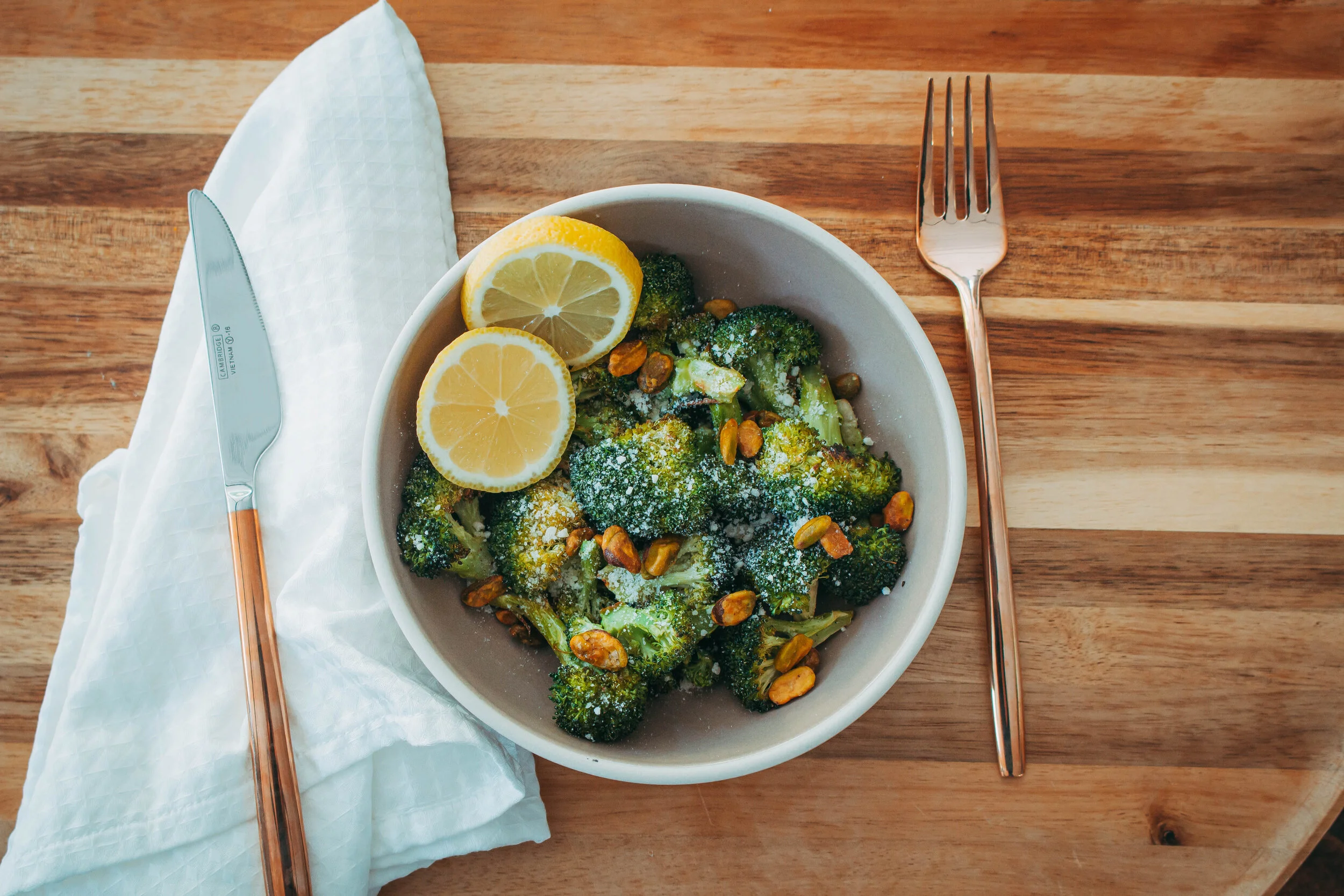 Roasted Broccoli with Lemon, Parmesan and Pistachios