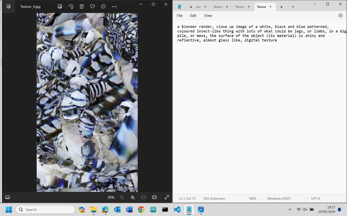 Started captioning images to fine-tune a Stable Diffusion model...

1.  a Blender render, close up image of a white, black and blue patterned, coloured insect-like thing with lots of what could be legs, or limbs, in a big pile, or mess, the surface o