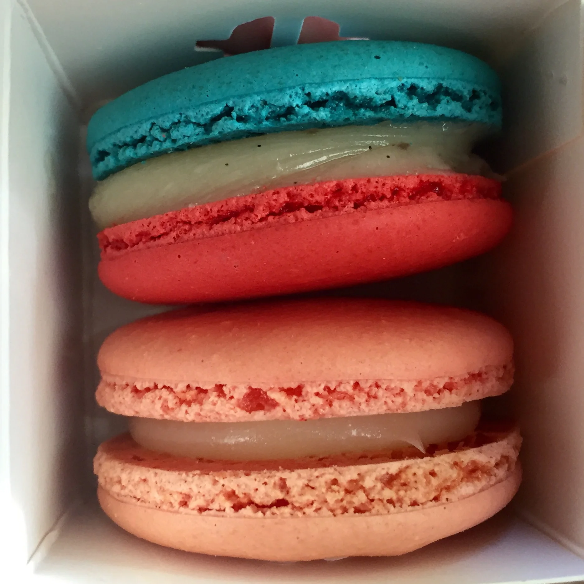 My final food picture of the trip were these delish macaron cookies. The top one is a vanilla flavored cookie sporting a Fourth of July color scheme. The bottom one is my favorite flavor- Rose. (Yes, there are flower flavored cookies! And it was one of the best ideas ever thought of!) 