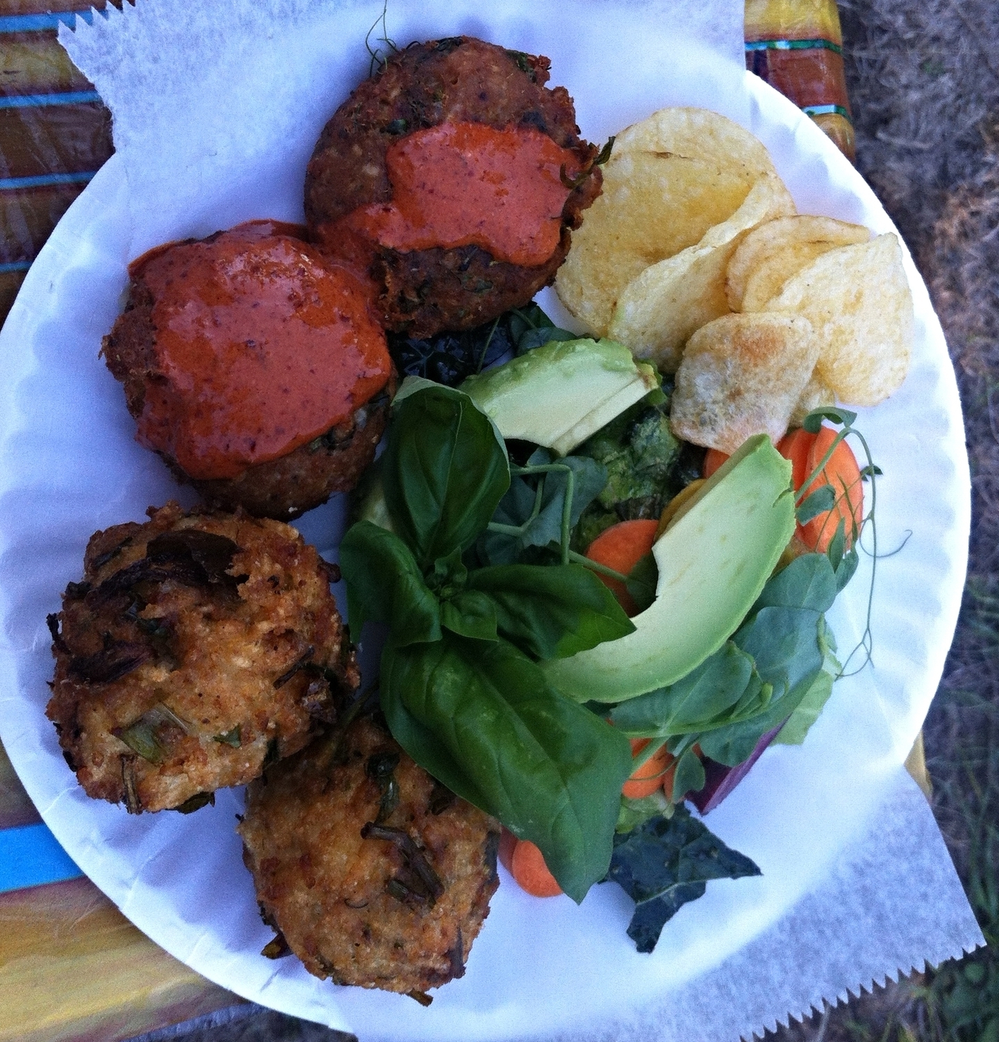 herb rice balls, salmon cakes with go chu jang yogurt, green salad and chips