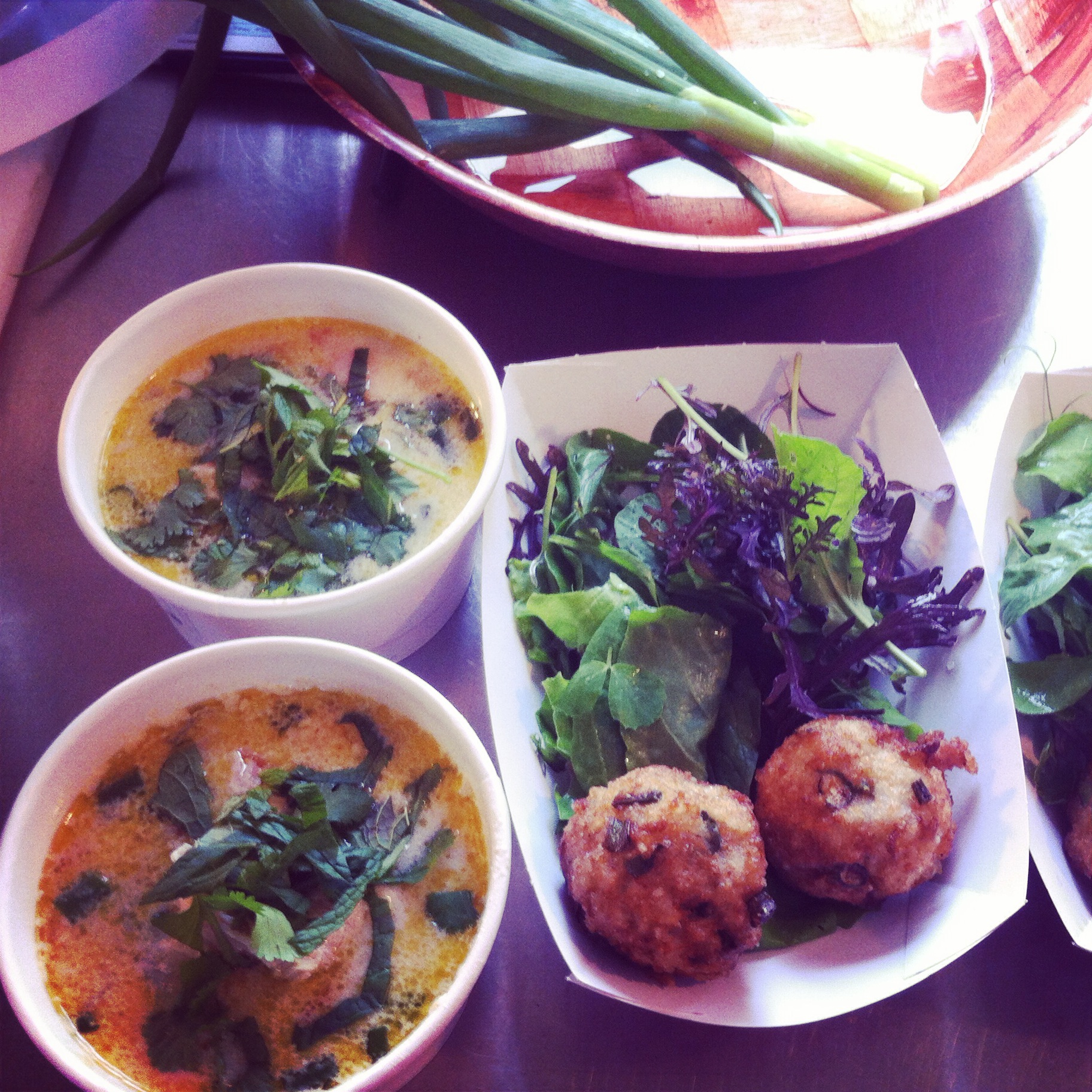 coconut fish soup, more rice balls and salad