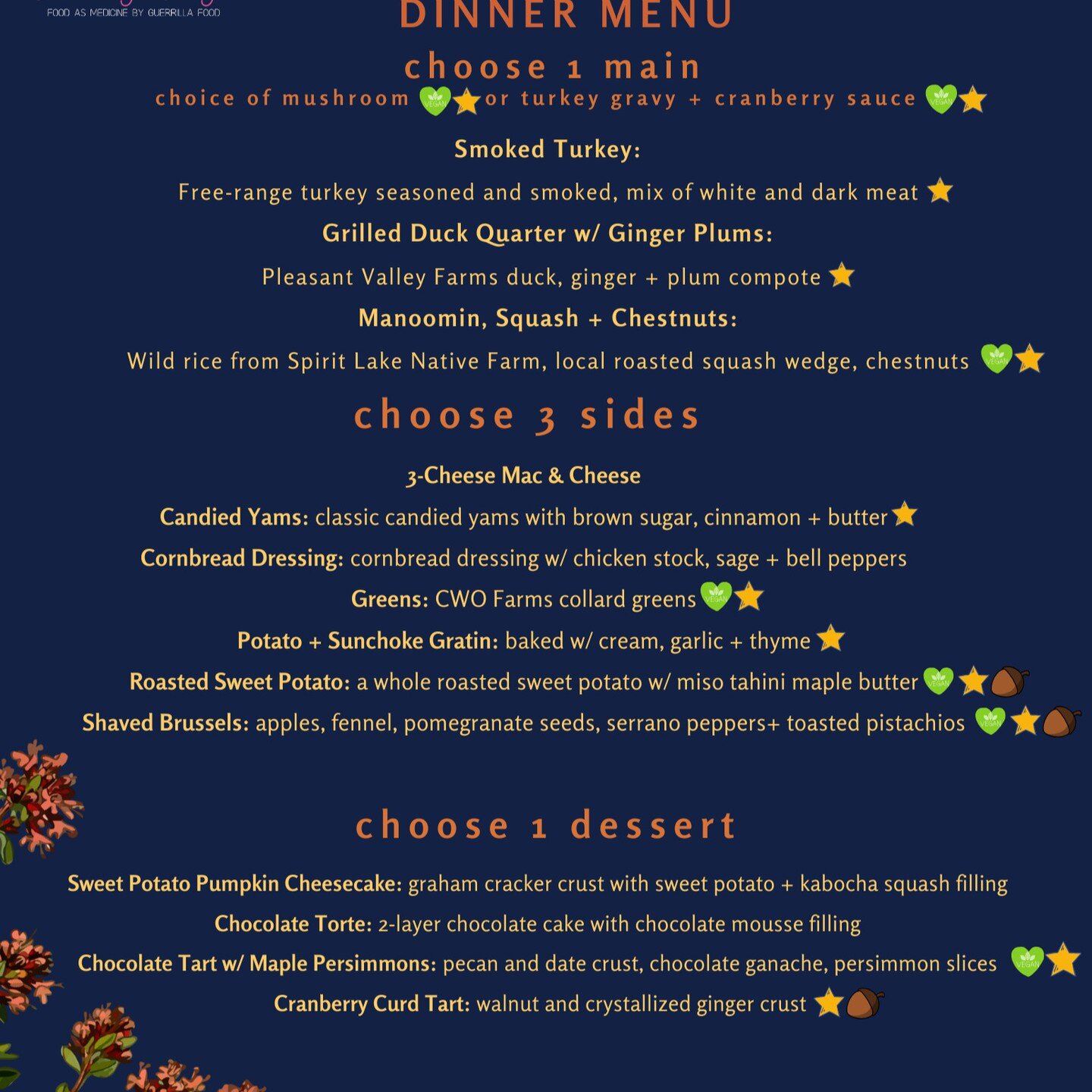 Orders close Monday, 11/20 for thanksgiving menu!
Pick-ups on Wednesday, 11/22 4-7pm.

single sides and family-size sides and desserts are also available for sale!
