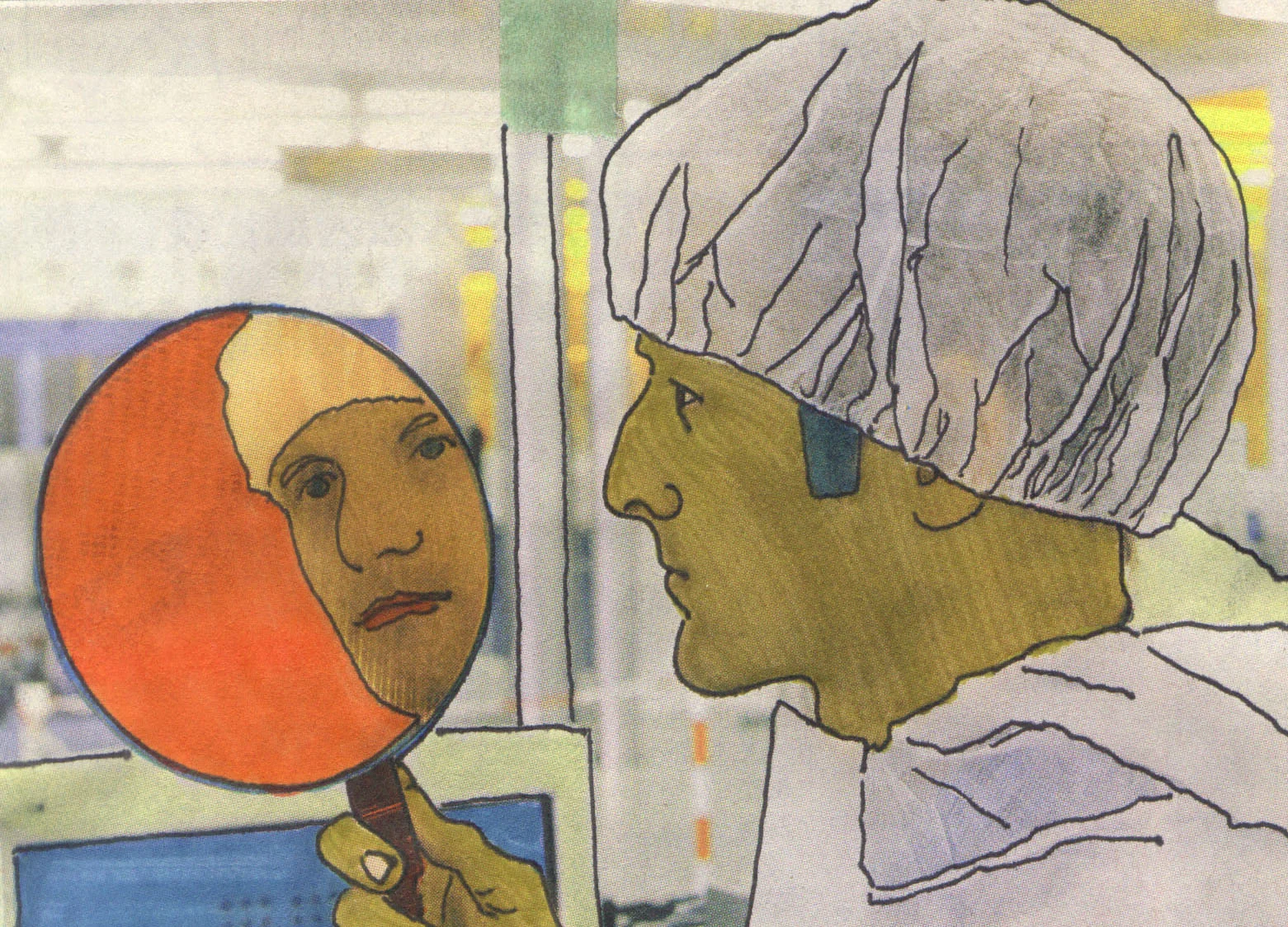 Man Looks in Mirror