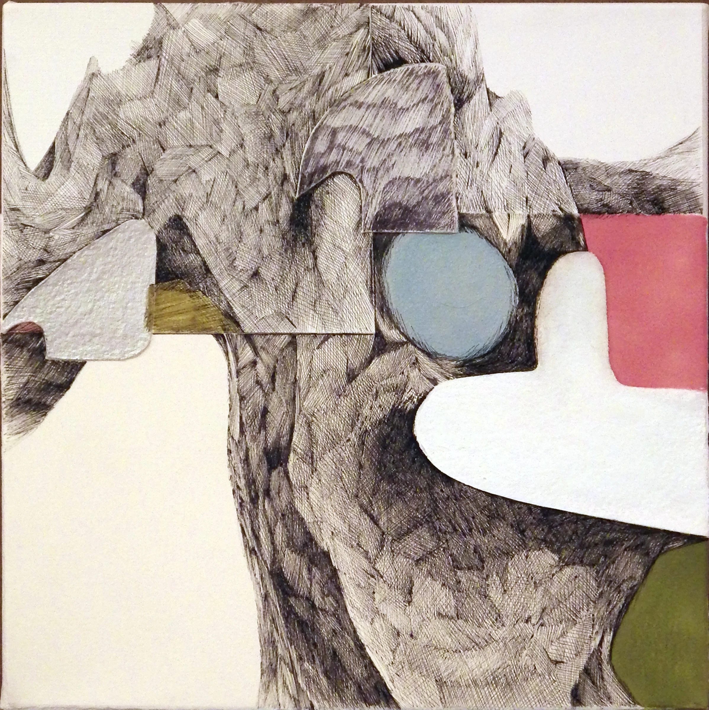 Bolus, pen and mixed media on papers mounted on canvas, 12 x 12", 2015