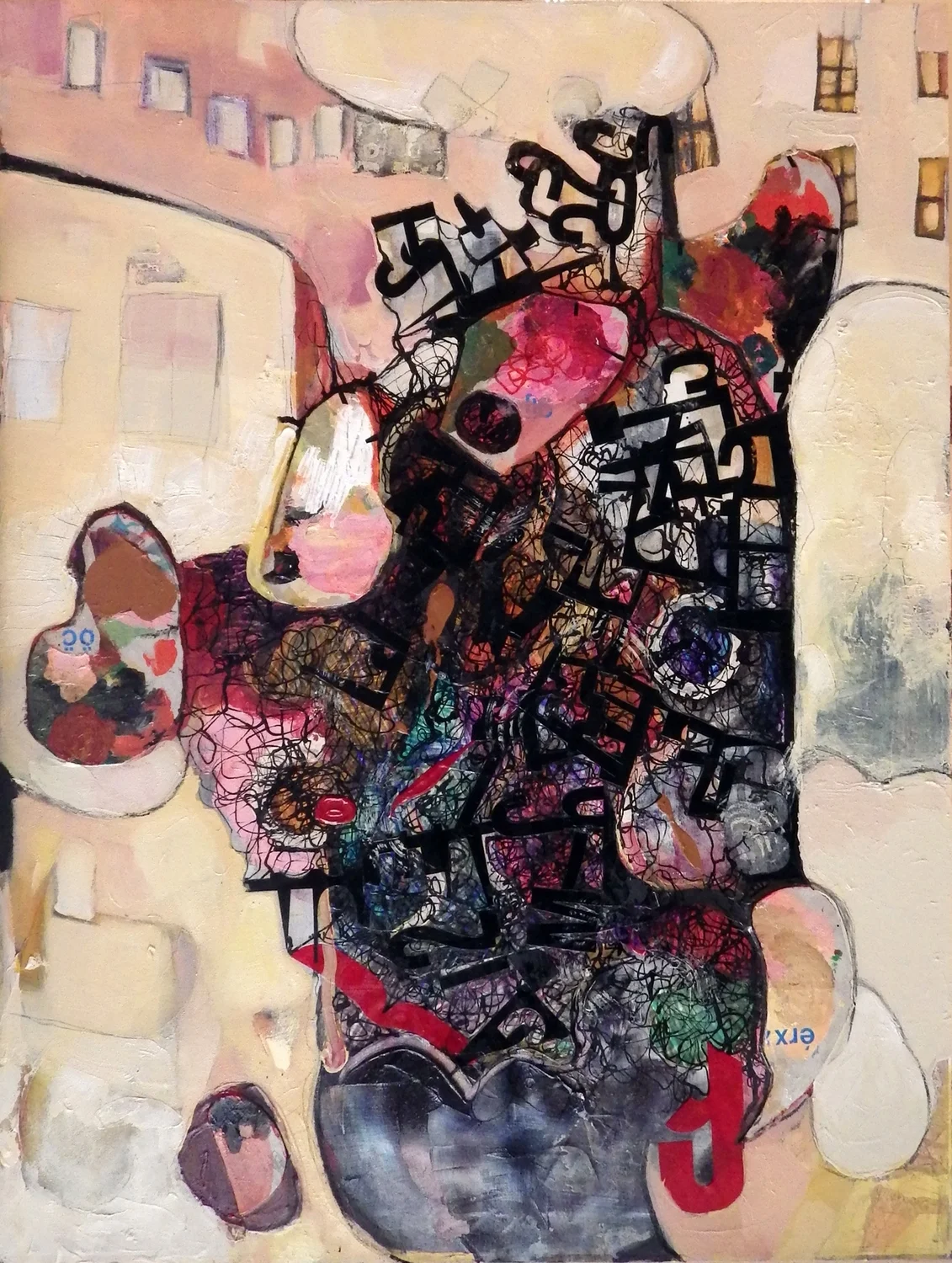 Ossified, mixed media on stretched bed sheet, 36 x 24", 2015